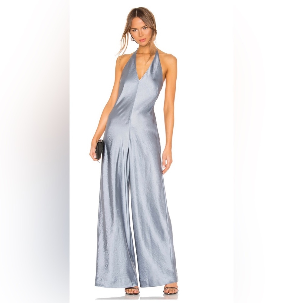 T by Alexander Wang Wash & Go Satin Halter Wide Leg Blue Jumpsuit size 2